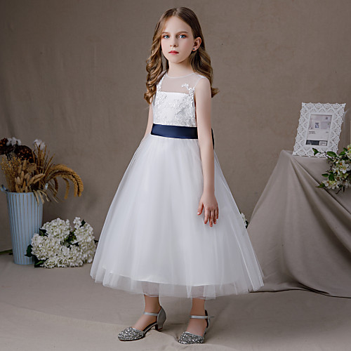 

A-Line Floor Length Junior Bridesmaid Dress Party Lace Sleeveless Jewel Neck with Bow(s)