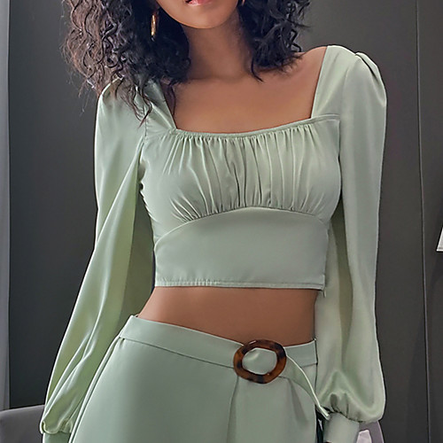 

Women's Blouse Shirt Solid Colored Long Sleeve Pleated Square Neck Basic Sexy Tops Light Green