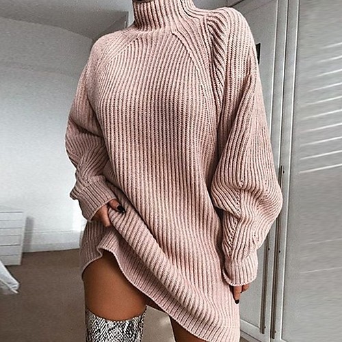 

Women's Basic Knitted Solid Color Plain Dress Acrylic Fibers Long Sleeve Sweater Cardigans Turtleneck Fall Winter White Blushing Pink Gray