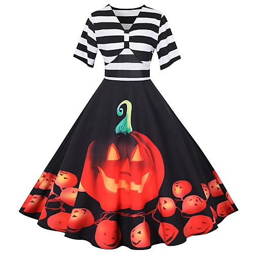 

Women's Halloween A Line Dress Knee Length Dress Blue Purple Wine Black Short Sleeve Pumpkin Striped Print Patchwork Print Summer V Neck Hot Vintage Slim 2021 S M L XL XXL