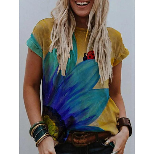 

Women's T shirt Floral Flower Animal Print Round Neck Basic Tops Yellow Gray