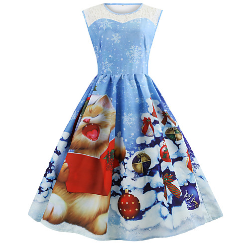 

Women's A Line Dress Knee Length Dress Light Blue Sleeveless Print Print Fall Round Neck Casual Christmas Slim 2021 S M L XL XXL