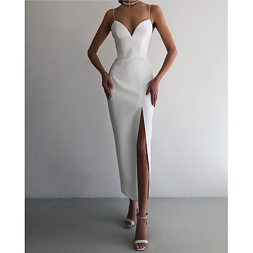 

Sheath / Column Sexy bodycon Homecoming Party Wear Dress V Neck Sleeveless Ankle Length Spandex with Split 2021
