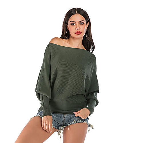 

Women's Basic Knitted Solid Color Plain Pullover Long Sleeve Sweater Cardigans Off Shoulder Fall Winter Army Green