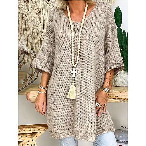 

Women's Basic Knitted Solid Color Plain Pullover Long Sleeve Sweater Cardigans Crew Neck Round Neck Winter Blue Khaki Green