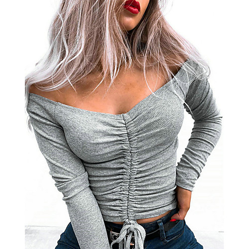 

Women's Blouse Shirt Solid Colored Long Sleeve Drawstring Off Shoulder Basic Tops White Black Red