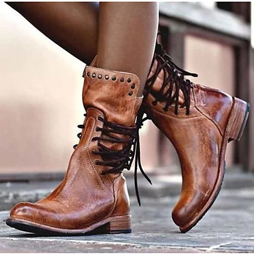 

Women's Boots Block Heel Boots Cowboy Boots Block Heel Round Toe Mid Calf Boots Booties Ankle Boots Basic Casual Daily Walking Shoes PU Solid Colored Gray Black Brown / Mid-Calf Boots
