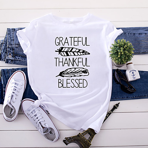 

Women's T shirt Graphic Text Letter Print Round Neck Basic Tops 100% Cotton White Yellow Blushing Pink
