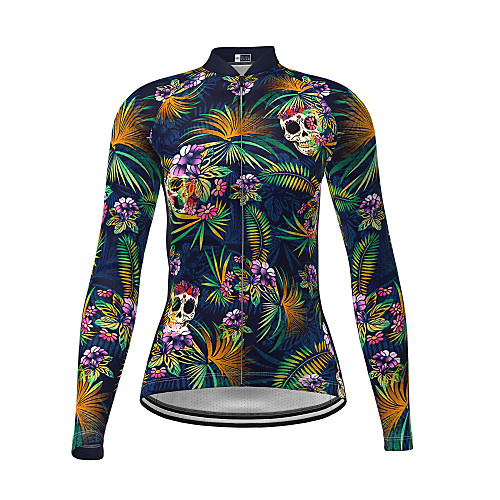 

Women's Long Sleeve Cycling Jersey Winter Polyester Dark Navy Skull Floral Botanical Bike Jersey Top Mountain Bike MTB Road Bike Cycling Quick Dry Back Pocket Sports Clothing Apparel / Micro-elastic