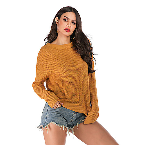

Women's Basic Knitted Solid Color Plain Pullover Long Sleeve Sweater Cardigans Crew Neck Round Neck Fall Winter Yellow
