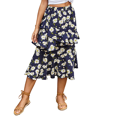 

Women's Daily Wear Basic Skirts Floral Leopard Layered Ruffle Print Blue Khaki