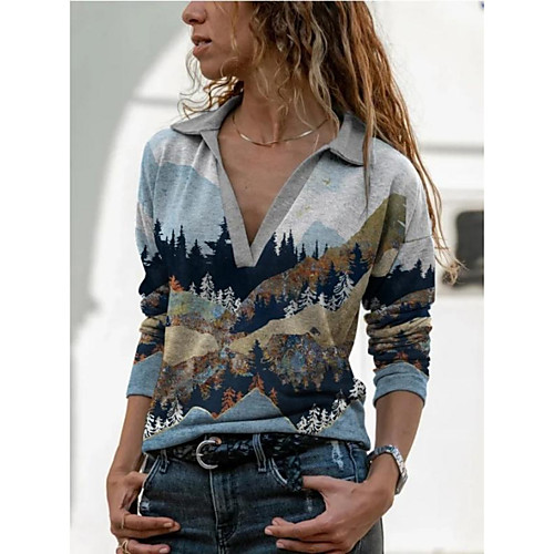 

Women's T shirt Scenery Long Sleeve Print V Neck Basic Tops Gray Light Blue