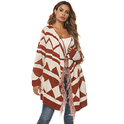 

Women's Tassel Geometric Cardigan Long Sleeve Sweater Cardigans V Neck Fall Winter Orange