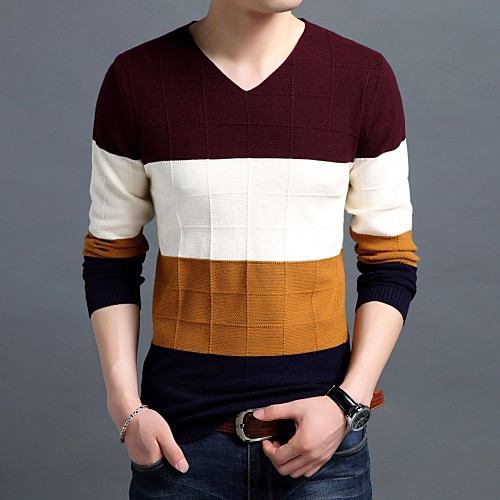 

Men's Stylish Basic Stripe Striped Pullover Long Sleeve Sweater Cardigans V Neck Fall Winter Yellow Wine Camel