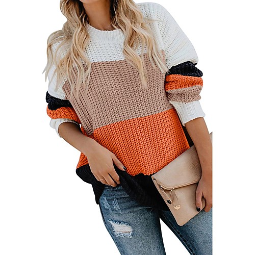 

Women's Basic Knitted Color Block Pullover Acrylic Fibers Long Sleeve Sweater Cardigans Crew Neck Round Neck Winter Blushing Pink Orange Brown