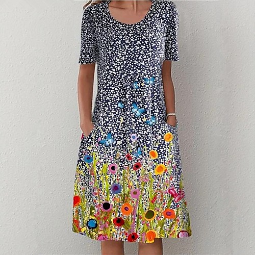 

Women's Shift Dress Midi Dress Blue Short Sleeve Polka Dot Print Pocket Print Summer Round Neck Hot Casual vacation dresses 2021 S M L XL XXL 3XL 4XL 5XL