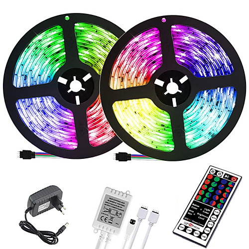 

(2x5M)10M 32.8ft LED Light Strips RGB Tiktok Lights 2835 600leds 8mm Strips Lighting Flexible Color Changing with 44 Key IR Remote Ideal for Home Kitchen Christmas TV Back Lights DC 12V