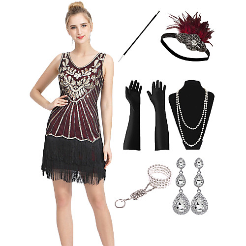 

The Great Gatsby 1920s Vintage Flapper Dress Outfits Masquerade Women's Tassel Fringe Costume Black / Red Vintage Cosplay Party Prom / Gloves / Headwear / Necklace / Bracelets & Bangles / Earrings