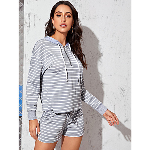 

Women's Basic Striped Two Piece Set Sweatshirt Pant Loungewear Drawstring Tops