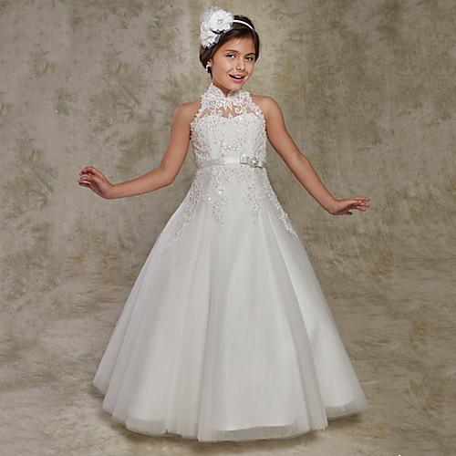 

Princess Floor Length Flower Girl Dresses Party Lace Sleeveless High Neck with Beading