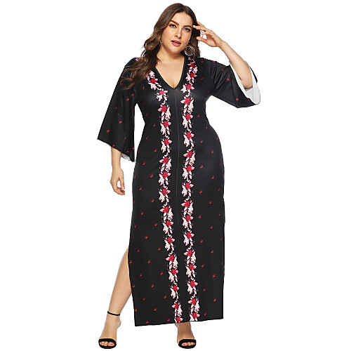 

Women's Shift Dress Maxi long Dress Black 3/4 Length Sleeve Floral Print Fall Spring V Neck Hot Elegant Vintage Going out 2021 L XL XXL 3XL 4XL / Plus Size