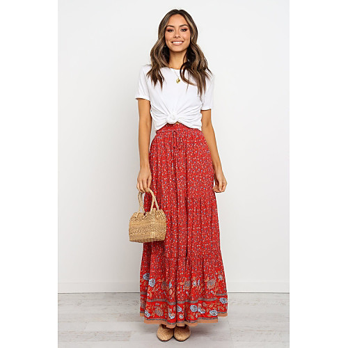 

Women's Casual / Daily Basic Skirts Floral Patchwork Print White Blue Red