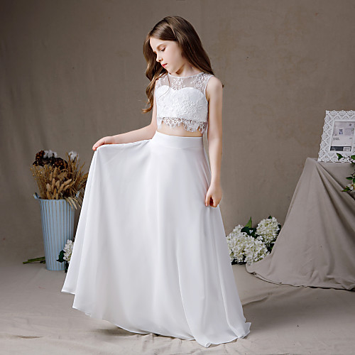 

A-Line Floor Length Junior Bridesmaid Dress Party Chiffon Sleeveless Jewel Neck with Pleats