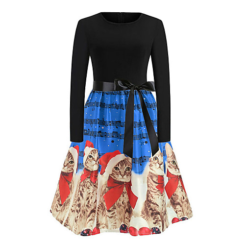 

Women's A Line Dress Knee Length Dress Green Royal Blue Red Light Blue Long Sleeve Print Print Fall Round Neck Elegant Christmas Slim 2021 S M L XL XXL