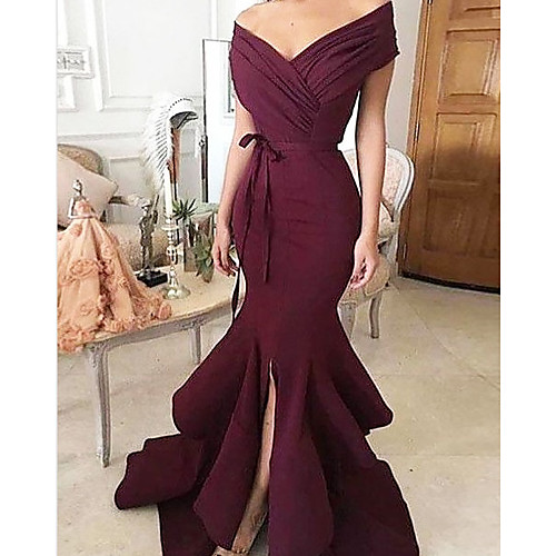 

Mermaid / Trumpet Minimalist Sexy Wedding Guest Formal Evening Valentine's Day Dress V Neck Sleeveless Sweep / Brush Train Charmeuse with Split Tier 2021