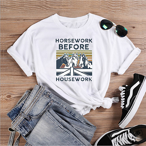 

Women's T shirt Graphic Text Letter Print Round Neck Tops 100% Cotton Basic Basic Top White Black Gray
