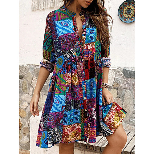 

Women's Swing Dress Short Mini Dress Blue Long Sleeve Print Patchwork Print Fall Spring Round Neck Hot Casual vacation dresses Slim 2021 M L XL XXL 3XL 4XL 5XL / Cotton / Cotton