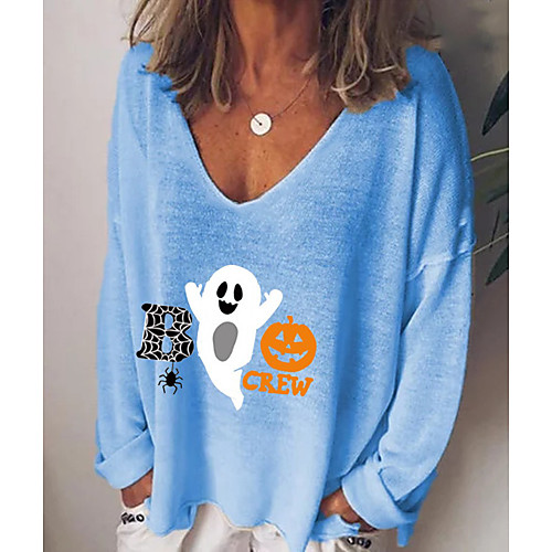 

Women's Halloween T shirt Cartoon Graphic Pumpkin Long Sleeve Print V Neck Basic Tops White Black Blue