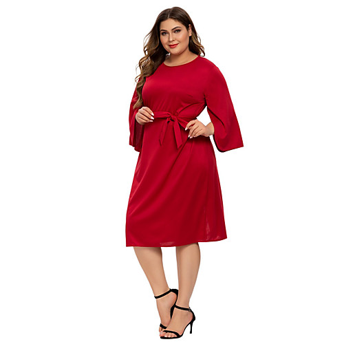 

Women's Shift Dress Knee Length Dress Green Red Long Sleeve Solid Color Fall Round Neck Elegant Flare Cuff Sleeve 2021 3XL 4XL 5XL 6XL / Cotton / Plus Size / Cotton