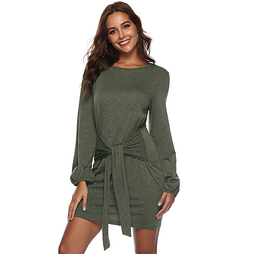 

Women's Sheath Dress Short Mini Dress Purple Army Green Black Long Sleeve Solid Color Bow Fall Spring Round Neck Casual Lantern Sleeve 2021 S M L XL XXL