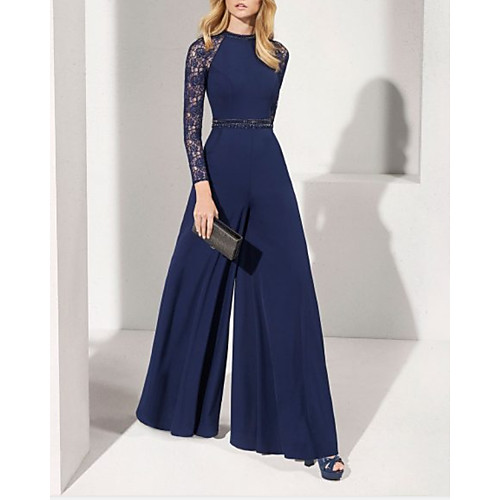 

Pantsuit / Jumpsuit Mother of the Bride Dress Elegant Jewel Neck Floor Length Chiffon Lace Long Sleeve with Sash / Ribbon 2021