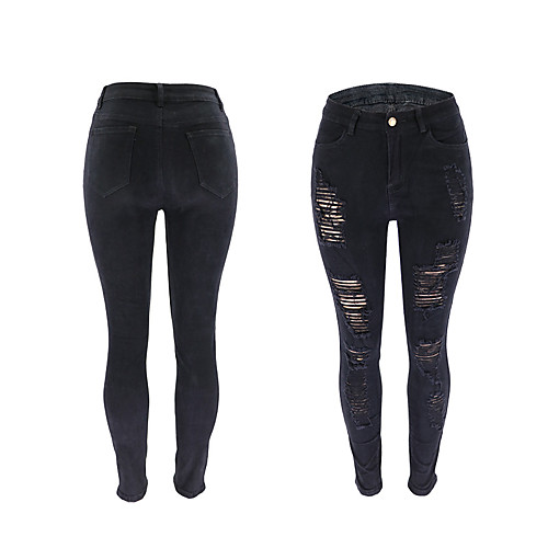 

high waist jeans women button pockets holes denim skinny long pants trousers