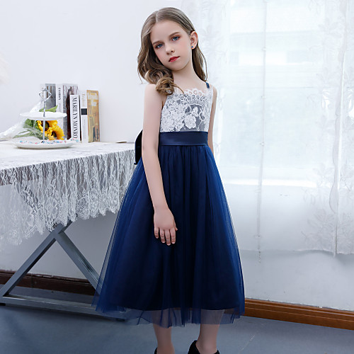 

A-Line Ankle Length Junior Bridesmaid Dress Party Lace Sleeveless Jewel Neck with Bow(s)