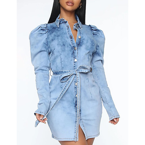 

Women's Denim Shirt Dress Knee Length Dress Dusty Blue Long Sleeve Solid Color Ruched Fall Shirt Collar Elegant Sexy Going out Club Puff Sleeve 2021 S M L XL XXL / Cotton / Plus Size / Plus Size