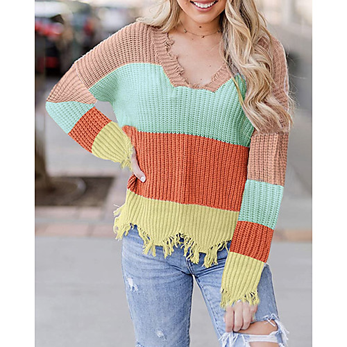 

Women's Stylish Knitted Striped Pullover Long Sleeve Sweater Cardigans V Neck Fall Winter Blue Orange Khaki