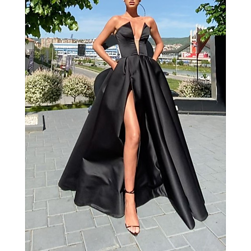 

A-Line Minimalist Sexy Wedding Guest Prom Dress V Neck Sleeveless Floor Length Satin with Pleats Split 2021