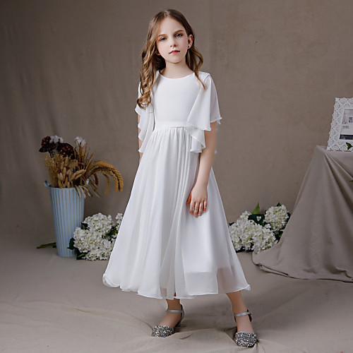 

A-Line Floor Length Junior Bridesmaid Dress Party Chiffon Sleeveless Jewel Neck with Ruffles