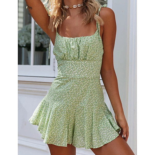 

Women's Light Green Light Blue Romper Floral Color Block