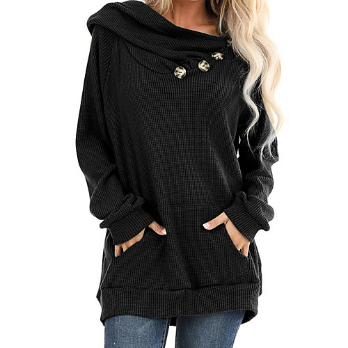 

Women's Basic Front Pocket Button Solid Color Plain Pullover Long Sleeve Sweater Cardigans Hooded Fall Winter Black Green Gray