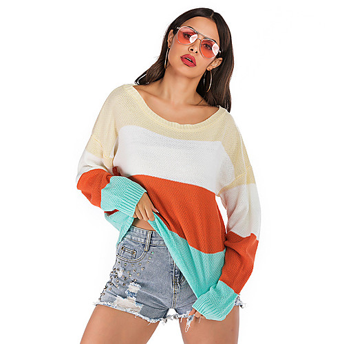 

Women's Basic Knitted Striped Color Block Pullover Long Sleeve Sweater Cardigans Crew Neck Round Neck Fall Winter Orange