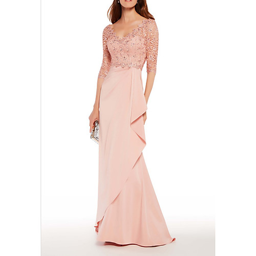 

Sheath / Column Mother of the Bride Dress Elegant V Neck Floor Length Chiffon Lace Half Sleeve with Ruffles Appliques 2021
