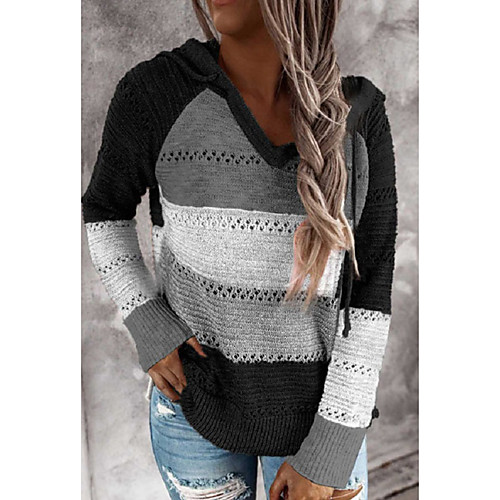 

Women's Stylish Knitted Color Block Pullover Long Sleeve Sweater Cardigans Hooded Fall Winter Black Brown