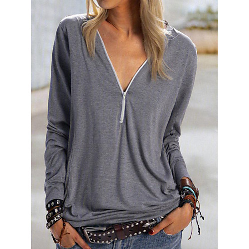 

Women's T shirt Solid Colored Long Sleeve Patchwork Quarter Zip V Neck Basic Tops Blue Purple Khaki
