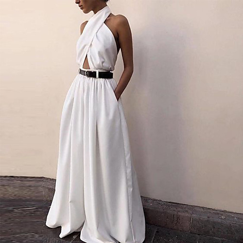 

Women's Basic Party Street Causal Halter Neck 2021 White Jumpsuit Solid Color Backless Criss Cross / Wide Leg