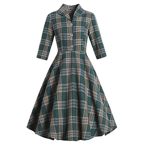 

Women's A Line Dress Knee Length Dress Green 3/4 Length Sleeve Plaid Button Print Summer Shirt Collar Hot Elegant Vintage Slim 2021 S M L XL XXL