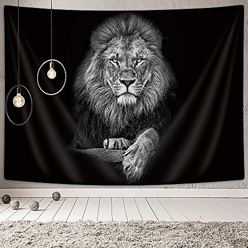

lion tapestry, wild animal african lion on black background, tapestries wall hanging for bedroom living room collage dorm room